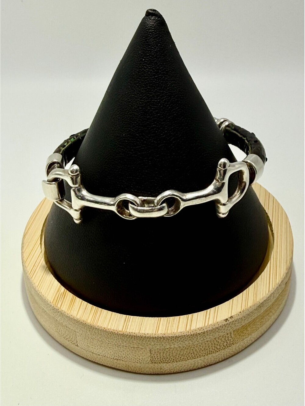 Sterling Silver & Leather Snaffle Bit Cuff Bracelet, Toggle Clasp